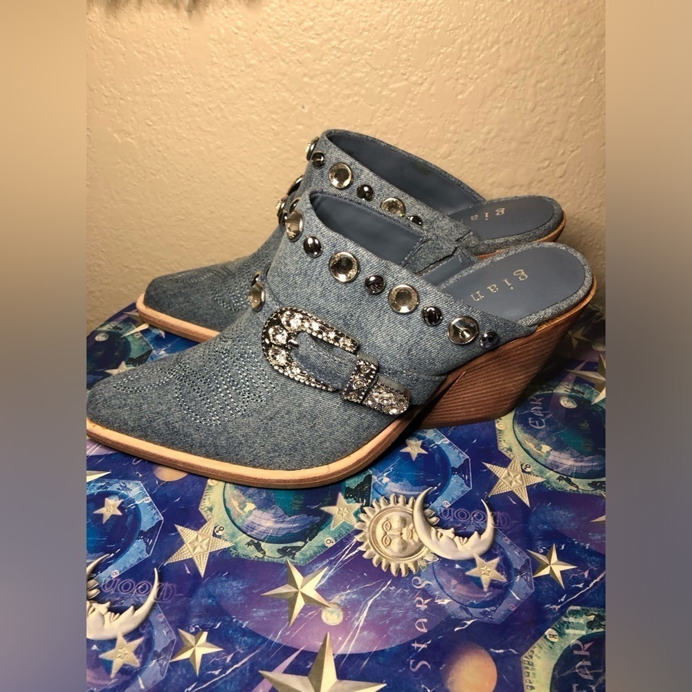 Embellished Denim Wedge Mules size 6.5 - Picture 6 of 15